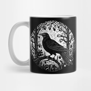 Raven In The Blackbird Forest Linocut Crow Mug